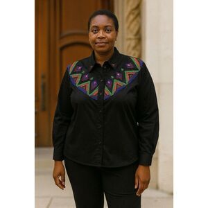 CEDARS Heavily Beaded Western Shirt Size 12 Western Cowgirl Rodeo Black Vintage